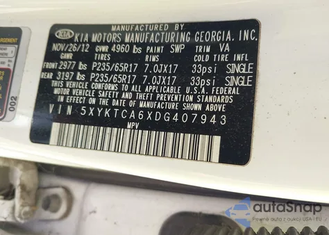 2013 Kia Sorento Lx z USA, uszkodzony, nr VIN 5XYKTCA6XDG407943